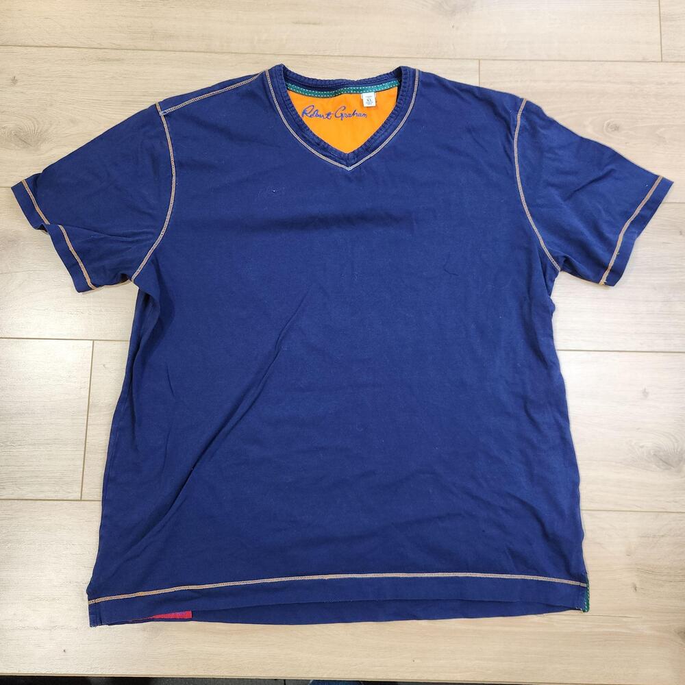 Robert Graham Shirt Mens XL Blue Supima Cotton V Neck Short Sleeve Tee Casual